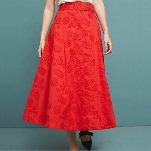 Maeve | Anthropologie Sandra Belted A-Line Midi
Skirt in Red